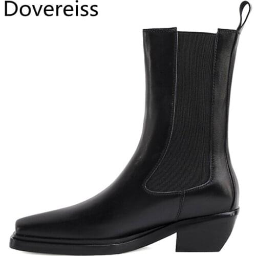 Dovereiss Fashion Womens Shoes winter Genuine leather Elegant Square toe sexy concise Slip on Chunky heels ankle boots 33-40