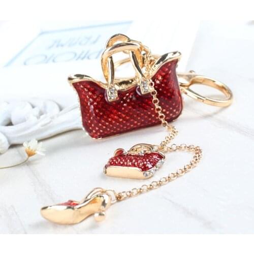Two Red Handbag High Heel Shoe New Fashion Cute Rhinestone Crystal Car Purse Key Chain Jewelry Great Gift