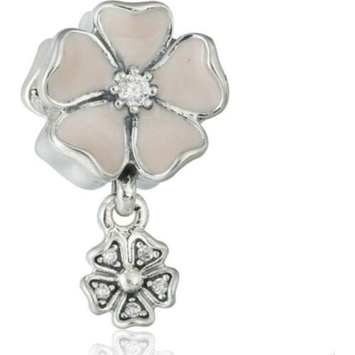 Spring Pink Enamel Clear CZ Blooms Flower Charm Beads 925 Sterling Silver Brand Jewelry Fits Pandora Charms Bracelet