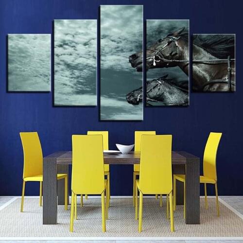 Two horse heads under dark poster 5pcs Modern Home Wall Decor Canvas Picture Art HD Print Painting On Canvas for Living Room