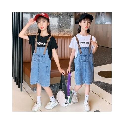 New teenager 8 9 10 11 years girls clothes set summer print tshirt+Overalls 2pcs cotton kids clothes girls roupa infantil menina