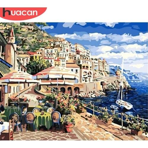 HUACAN Painting By Numbers Landscape City Acrylic Paint By Numbers For Adult Wall Art Picture Seaside DIY Home Decoration