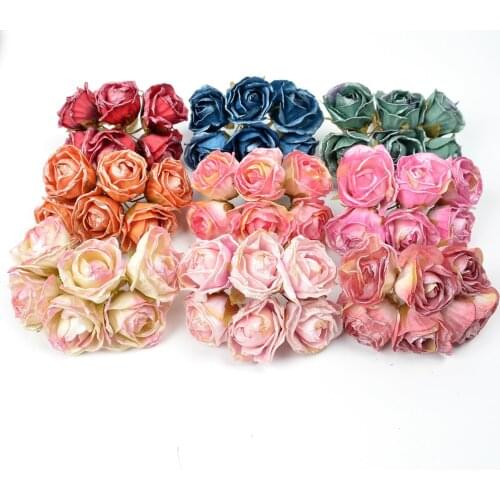 6pcs Artificial Flower Silk Bright Pink Rose Bouquet For Wedding Home Christmas Decoration DIY Garland Scrapbook Gift Box Craft