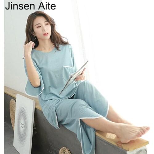 Jinsen Aite 2020 New Summer Women Pajamas Sets Ice Silk Cotton Loose Female NightSuit Shirt Pants 2Piece/Set Plus Size JS864