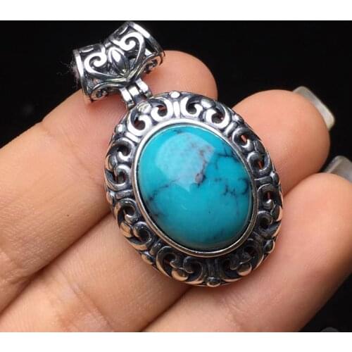 Oval Shape Sterling Silver Ancient Jewelry Natural Turquoise Stone Blue Color Pendant