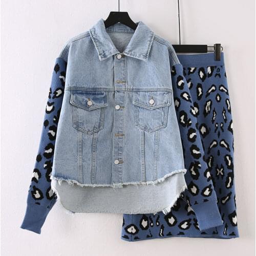 RUGOD Women Denim Patchwork Jacket Two Piece Sets Knitting Skirt Casual Single Breasted Knitted Sleeve Coat Sweater Skirt