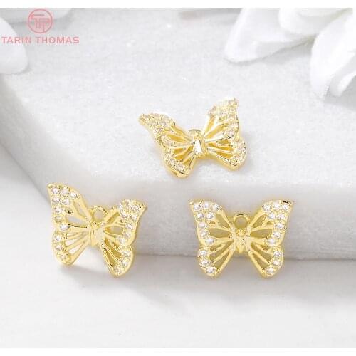 4PCS 12x10MM 24K Gold Color Brass with Zircon Butterfly Charm Pendants High Quality DIY Jewelry Making Findings Accessories