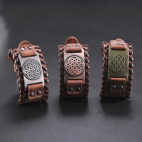 LIKGREAT Vintage Gothic Flower of Life Charm Bracelet Talisman Amulet Black Brown Leather Wrap Hidden Clasp Mens Bracelet Gifts