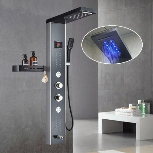 Bathroom rain hydroelectric temperature display LED light thermostatic shower set 304 stainless steel shower screen