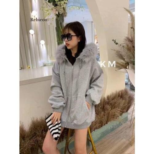 New Style Autumn and Winter Plush Big Fur Collar Sweater Female Fox Fur Hooded Loose Coat Korean Women