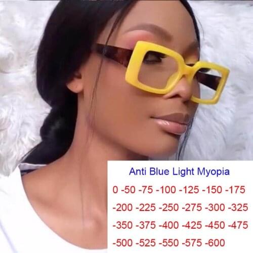Vintage Black Square Anti Blue Light Myopia Glasses Women Luxury Brand Yellow Computer Glasses Female Prescription Eyewear -2 -3