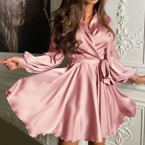 Sexy Satin A Line Mini Dress Lantern Sleeve Elegant Christmas Party Dress 2020 Autumn Fashion Womens Streetwear Vestidos