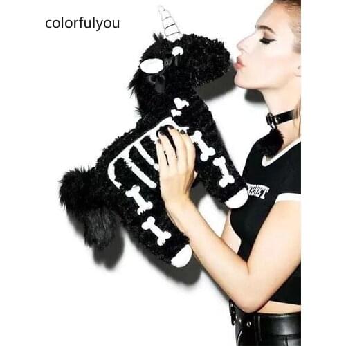 Unicorn Design Plush Shoulder Bag for Women 2021 New Fashion Cartoons Black Horse Crossbody Bag Punk Girls Purse and Handbags