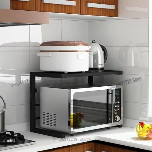 White kitchen shelf telescopic adjustable height two-layer double-layer microwave oven rack desktop storage cabinet