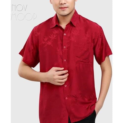 Summer men red natural silk business shirts short sleeve leaves jacquard shirt chemise homm camiseta masculina LT2250 FREE SHIP