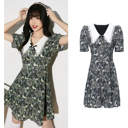 A-Line Chiffon Floral Dress Female Floral Dress Runway Luxury Clothes 2021 Summer Doll Collar Fashion Slim Printed Mini Dress
