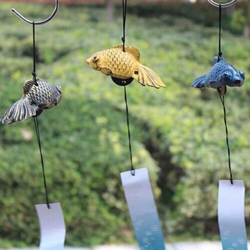 Japanese Goldfish Furin Windchime Cast Iron Temple Garden Home Decor Blue