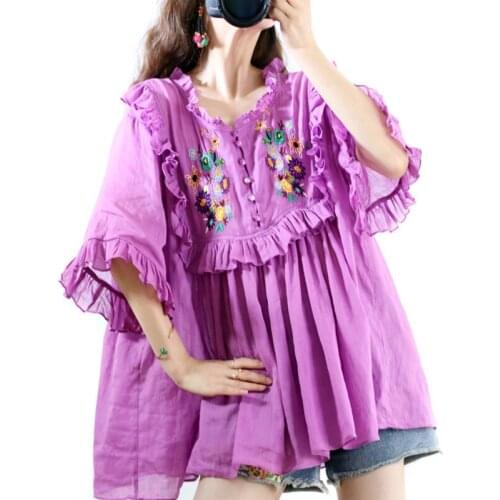 Ethnic Style Mori Girl Flare Sleeve Embroidery Ruffles Female Oversized Summer Shirt for Women Remie Lady Tops Blusas De Mujer