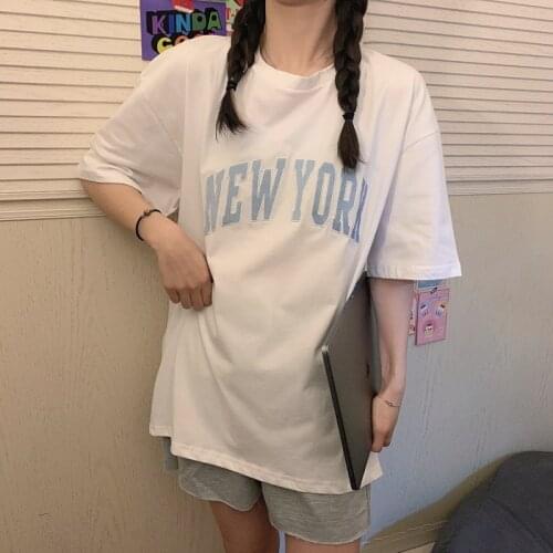 2021 Summer Women T-shirt Creative Print New York Tops Loose Short Sleeve Long Top Tee Shirt Femme O-neck Casual Plus Size Tees