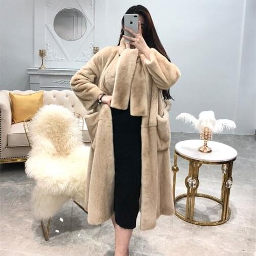 Real Mink Fur Women Long Coat with Scarf Collar Winter Thick Slim Warm Denmark Female Mink Fur Long Jacket