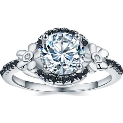 2020 New Flower 925 Sterling Silver Jewelry Black Spinel Wedding Rings for Women Engagement Ring Round Femme Bague C006