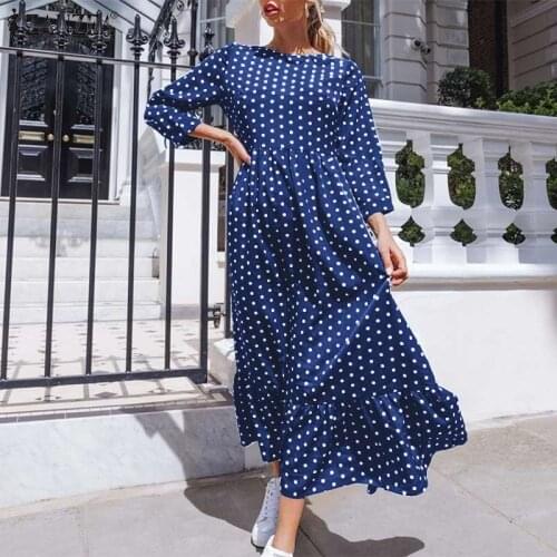 New Fashion Printed Maxi Dress Women Elegant Polka Dot Robe 2021 Autumn Ruffle A Line Dresses Casual Long Sleeve Loose Sundress