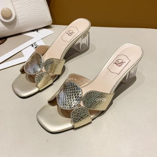 2021 Snake Elegant Summer Women Shoes Slingback Sandals Transparent Square Heel Slip on Female Slides Size 35-40
