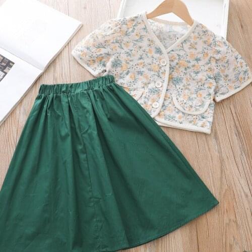 2021 Baby Girls Clothes Set Floral Blouse Shirt and Green Skirt Summer Casual Children Clothing Sets Korea Style Kids Sets