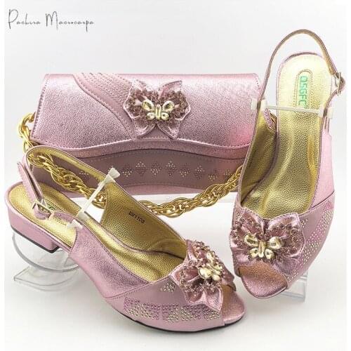2021 Newest Italian Design Nigerian Fashion Butterfly-Kont Crystal Style Party Wedding Women Shoes and Bag Set in Pink Color