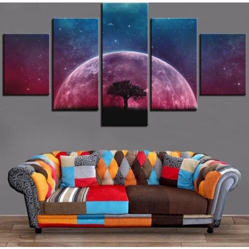 5 piezas de pintura de Luna y lienzo de árbol, pósteres de espacio, imágenes de cielo estrellado, fondos de pantalla azules mora