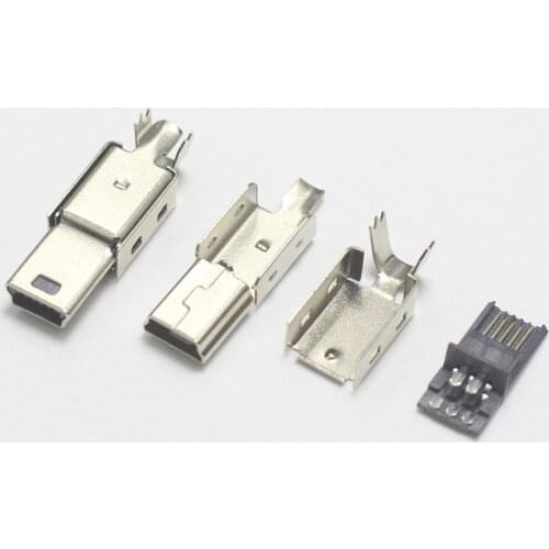 10pcs Mini Type B USB 5Pin Welding Type Male Plug Connector 4 in 1 180 Degrees Adaptor for OD 3.0mm Wire Black DIY Parts