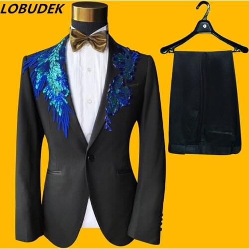 Blue/Red/Gold/Purple Sequins Crystals Blazers Mens Suits Wedding Formal Dress Evening Party Singer Host Performance Costume