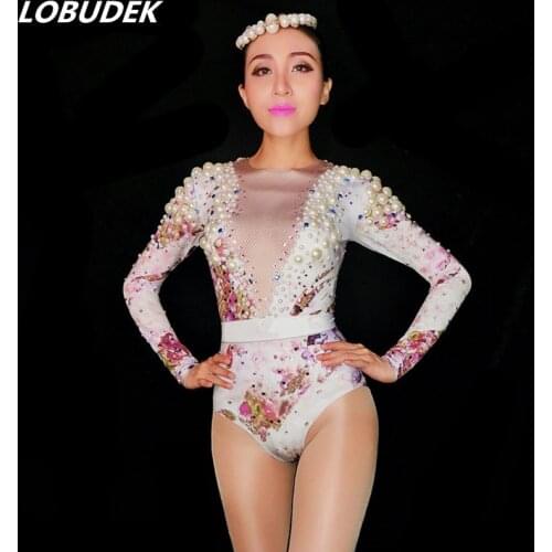 Flower Pattern White Pearls Rhinestones Bodysuit Nightclub Dancer Performance Stage Wear Lady Bar Party Show Sexy Dance Costume