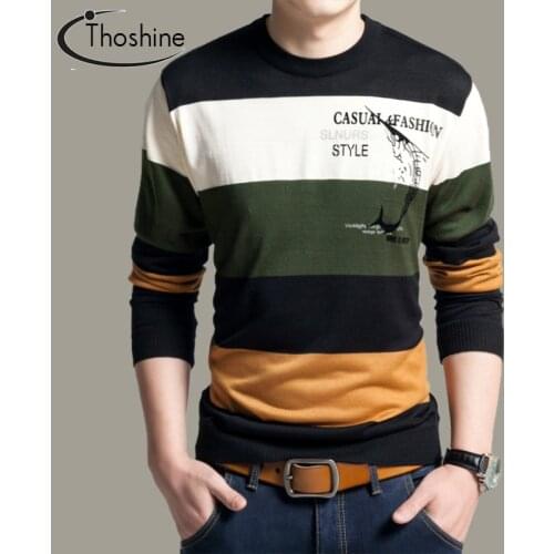 Thoshine Brand Spring Autumn Style Men Knitted Thin Sweaters Striped O-Neck Pattern Pullovers Male Casual Outwear Patchwork Tops