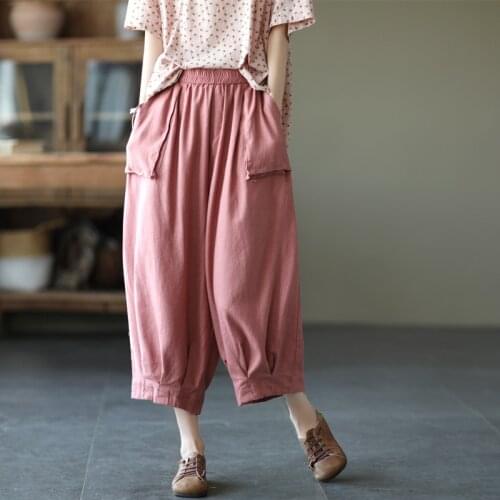 Women Pants 2021 Summer Loose Casual Retro Trousers Women New Elastic Waist pocket Cotton and Linen Calf-Length pants