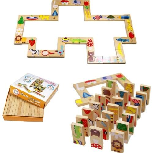 Baby Wooden Domino Block Toys Cartoon Garden Animal Vehicle Fruit Domino Blocks Toys Building Blocks Educational Matching