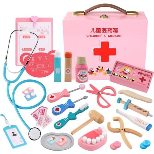 Baby toys Funny play Real Life Cosplay Doctor game Portable Medicine Box Pretend Doctor Play Set Wooden toy for Kid