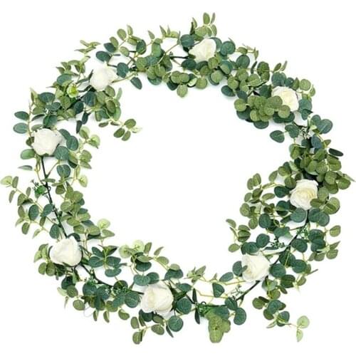 1.8M Eucalyptus With Rose Artificial Plants Wedding Decoration Garland Leaves Vine Hanging Rattan Ivy Wreath Vertical Garden