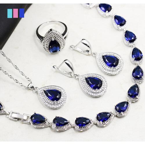 Blue Sapphire Water Drop Bracelets 925 Sterling Silver Jewelry Sets For Women