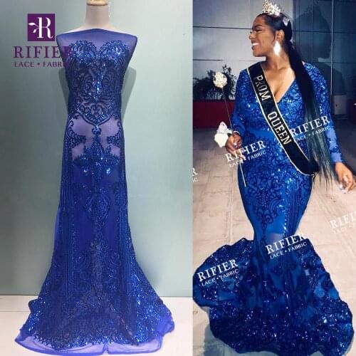 Royal Blue Color Sequins Net Lace Fabric African Nigerian 2019 High Quality Sequined Embroidered Guipure Mesh Wedding Material