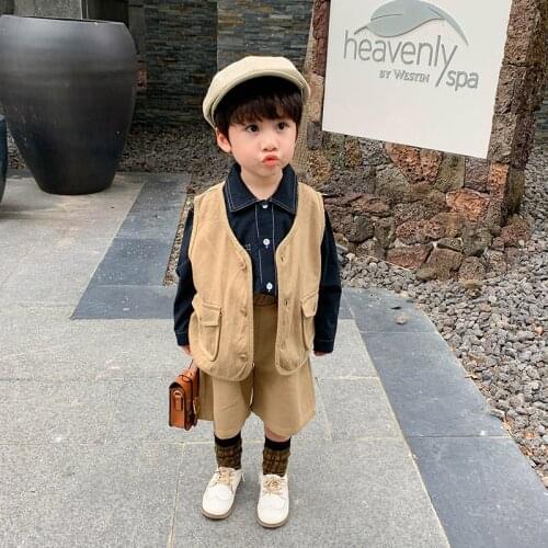 Buttons Spring Summer Childrens Clothes Suit Boys Vest+ Shorts 2pcs/Set Teenage Top Sport Costume For Kids Streetwear Formal