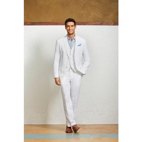 White linen men suits men Beach wedding 3 Pieces suit notched lapel tuxedos 2 button groom Wear Jacket+Pants+vest