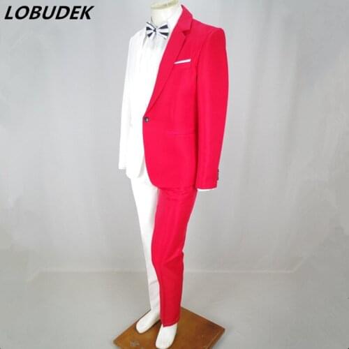 Irregular Red White Splicing Blazers Pants Mens Suit Adult Singer Compere Stage Costume Male Magician Clown Performance Outfit