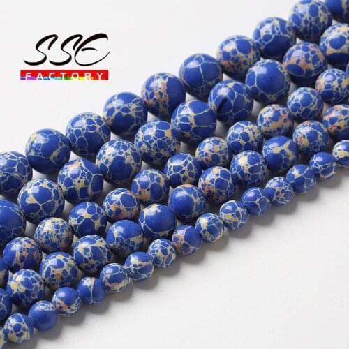Natural Blue Imperial Jaspers Round Beads Sea Sediment Turquoises for Jewelry Making Diy Bracelet Earring 4/6/8/10/12MM 15" Inch