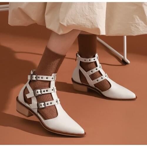 Metal decoration High Heels Summer Boots Sweet Zipper Pointed Toe Shoes Woman Heels Genuine Leather Wedding Basic Boots white