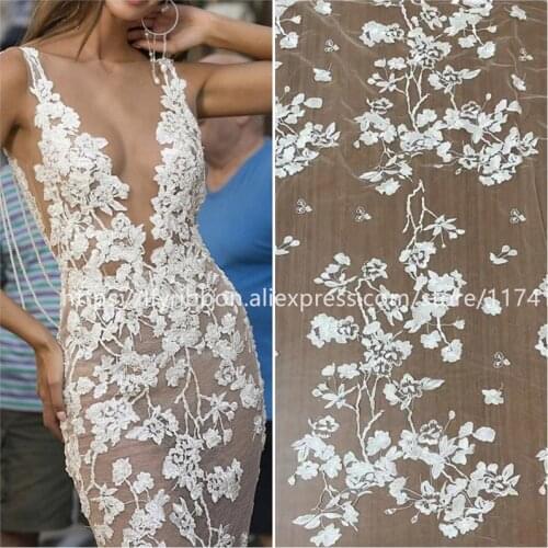 LFY Latest style Off White High Quality Tulle Embroidery Fashion Wedding Dress Bridal Gown Lace Fabric