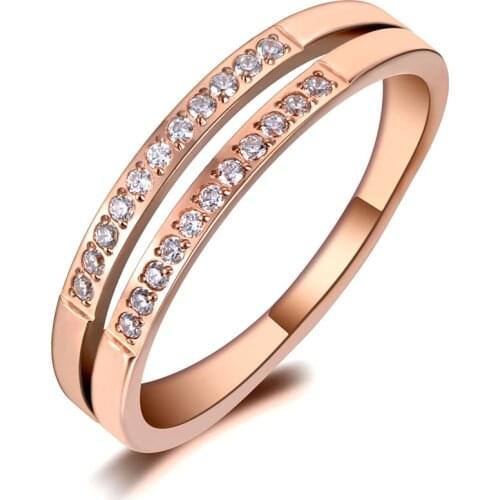 Trendy Stainless Steel Wedding Rings For Women Rose Gold Double Row AAA+ Cubic Zirconia Female Engagement Jewelry R19117