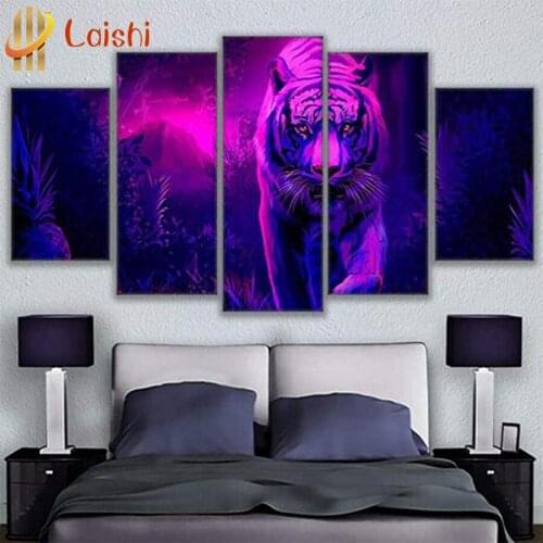 5pcs Diamond Painting Dark night forest, tiger animal Diamond Embroidery Rhinestone Mosaic Picture by numbers hobby gift custom