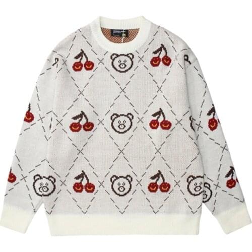 Fall New Fashion Retro Diamond Bear Pullover Round Neck Sweaters Mens Lazy Wind Loose BF Casual Couple Knit Sweater O143