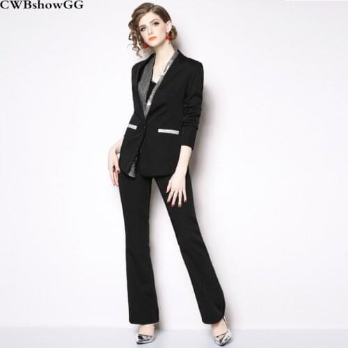CWBshowGG Autumn Women Two-Piece Sequin Patchwork Long-Sleeved Jacket + flare Long Pant Professional Womens Two-Piece Set